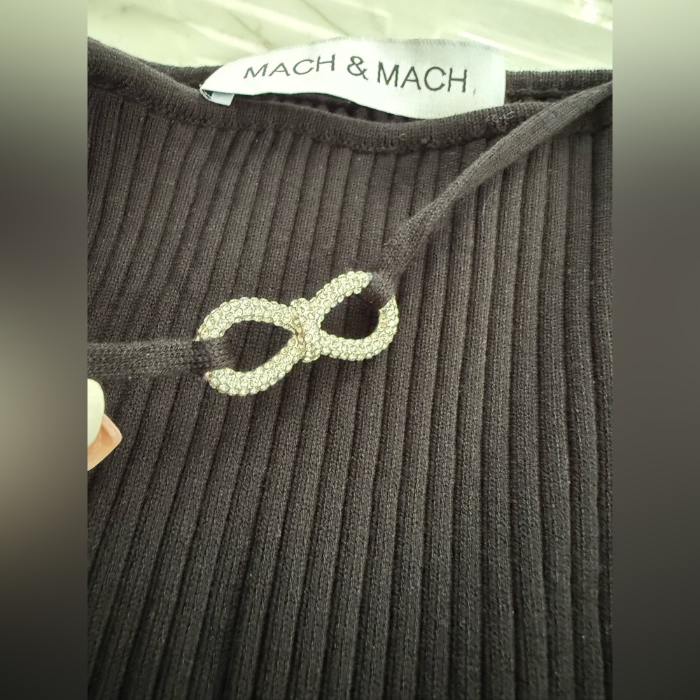Mach & Mach Crystal Bow Ribbed Off Shoulder Long Sleeve Mini Sweater Dress - Picture 7 of 12